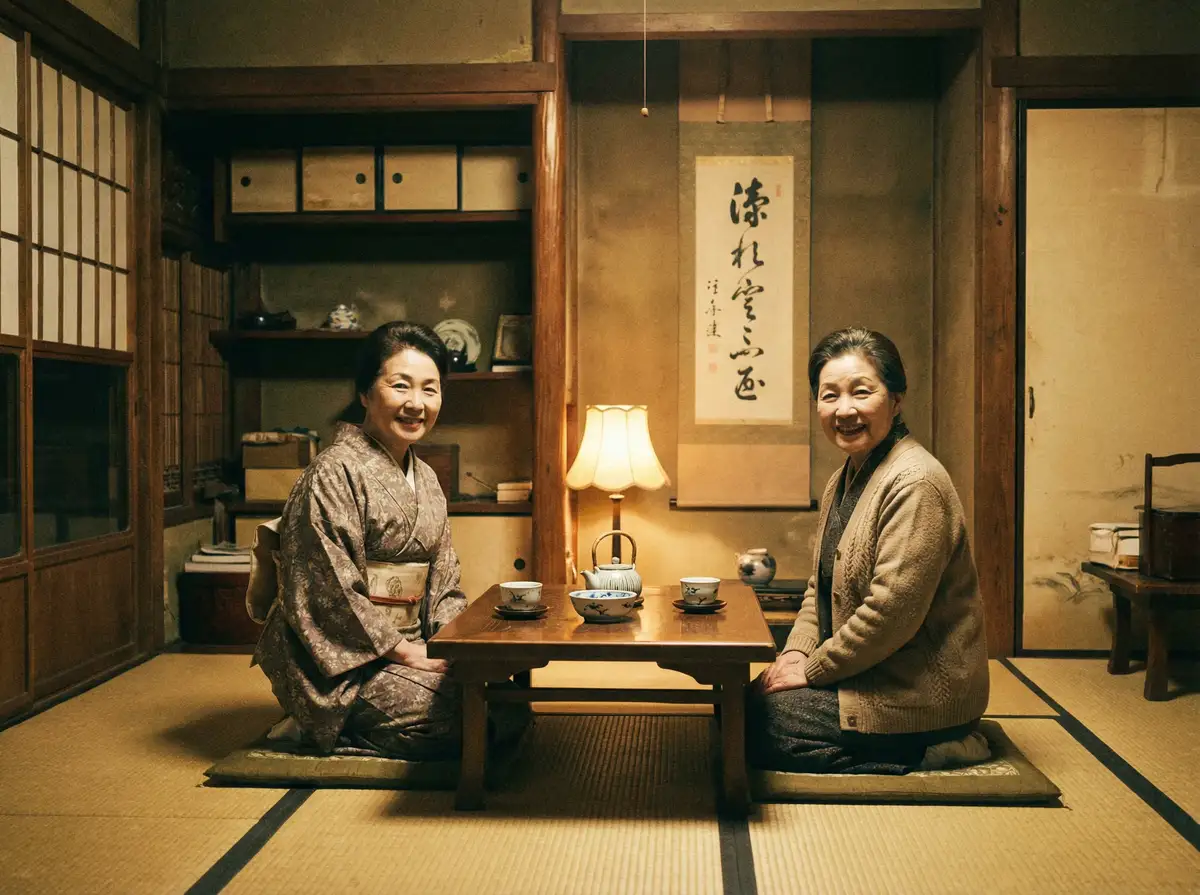 两位优雅的 蓝火体育平台 在日式茶室中品茶交谈